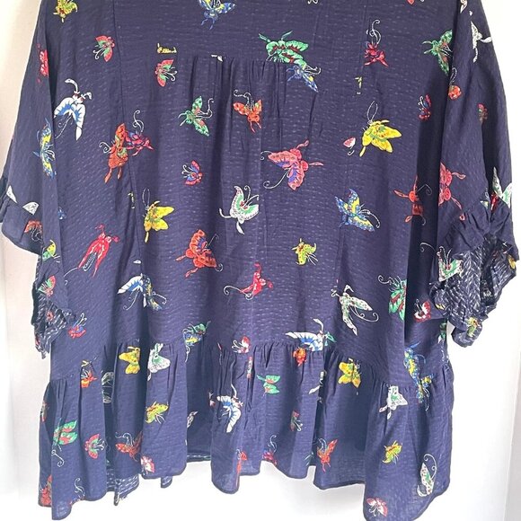 Anthropologie Blouse Womens Medium Blue Butterfly Short Sleeve Button Peplum Hem - Picture 13 of 14